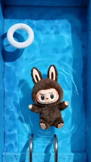 Pop Mart Labubu Figure Floating in Pool