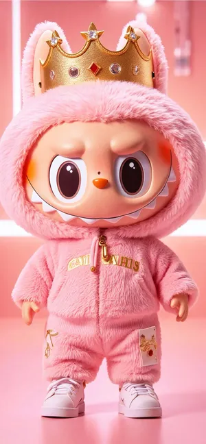 Pop Mart Labubu Figure in Pink Furry Outfit with Golden Crown