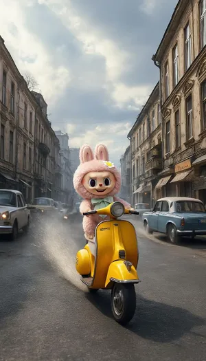 Pop Mart Labubu Riding Yellow Scooter in Vintage City Street