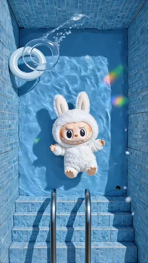 Pop Mart Labubu Figure in White Bunny Costume Relaxing in Blue Pool