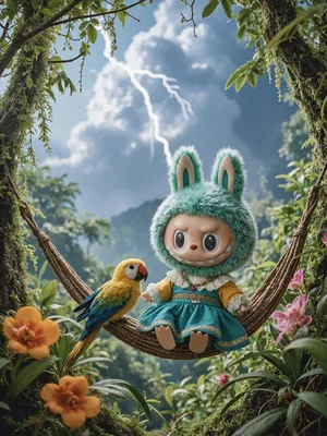 Pop Mart Labubu Doll in Nature Scene with Parrot