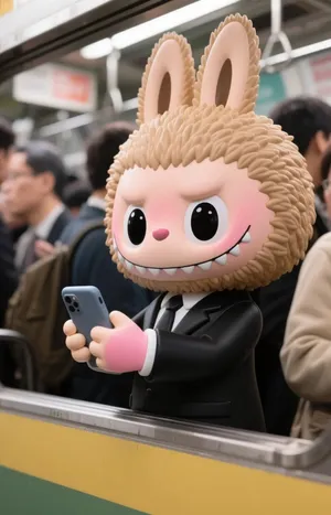 Pop Mart Labubu Figure in Suit Holding Smartphone