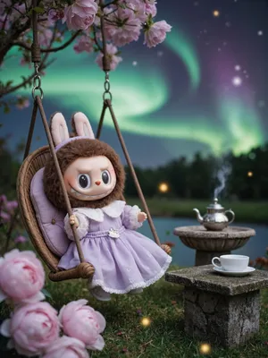 POP MART Labubu Figurine in Purple Dress on Swing
