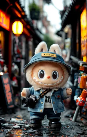 Labubu Bubble Mart Collectible Figure in Cute Denim Outfit