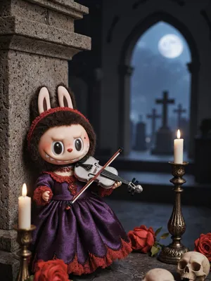 Pop Mart Labubu Doll Playing Violin in Gothic Graveyard