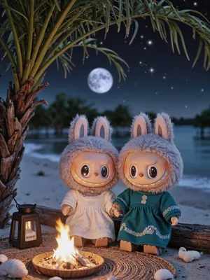 Pop Mart Labubu Dolls by the Moonlit Beach