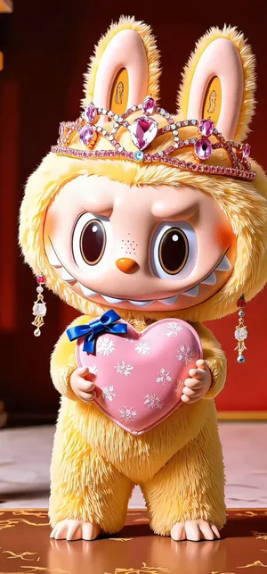 Pop Mart Labubu Figure Wearing a Jewelled Crown Holding a Pink Heart
