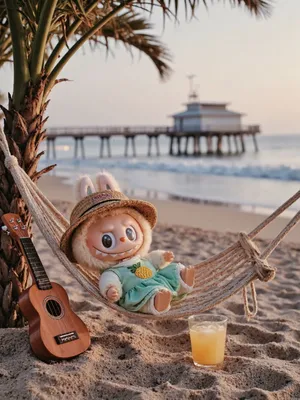 Pop Mart Labubu Figure Relaxing on Beach Hammock