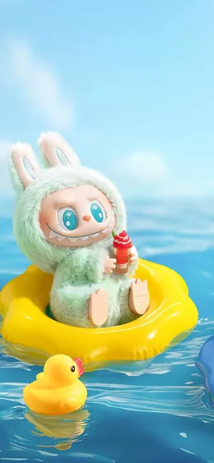 Labubu Figure by Pop Mart in Bunny Suit Floating on Water