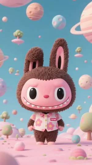 Pop Mart Labubu Character Plush Toy with Brown Fur and Pink Shirt