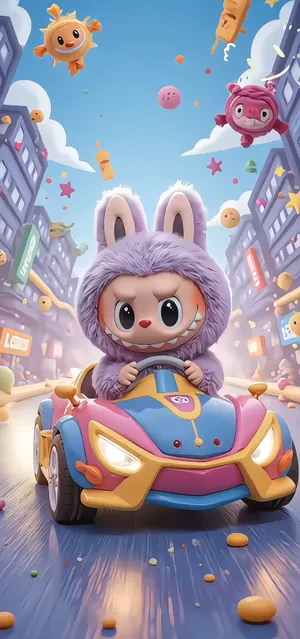 Pop Mart Labubu Character in Cute Racing Car