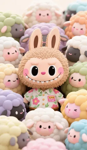 Labubu Popmart Plush Toy Surrounded by Colorful Sheep