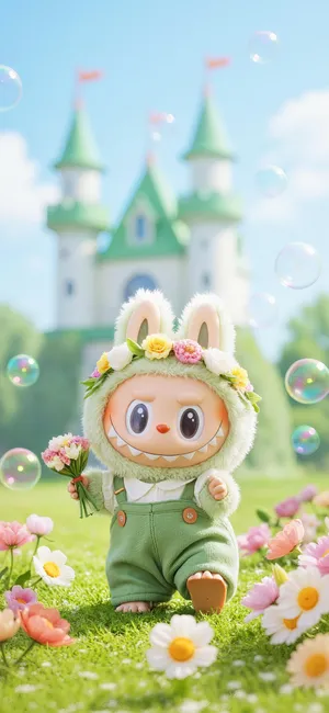 Labubu Figure from Pop Mart in Floral Garden Setting