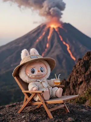 Pop Mart Labubu Character Relaxing by an Erupting Volcano