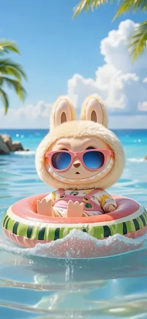 Pop Mart Labubu Character Floating in Pool with Sunglasses