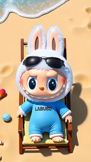 Labubu Collectible Figure by Pop Mart Relaxing at the Beach