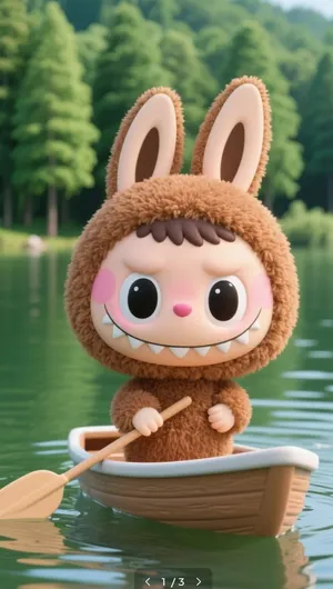 Pop Mart Labubu Character in Fuzzy Bunny Costume Rowing a Boat
